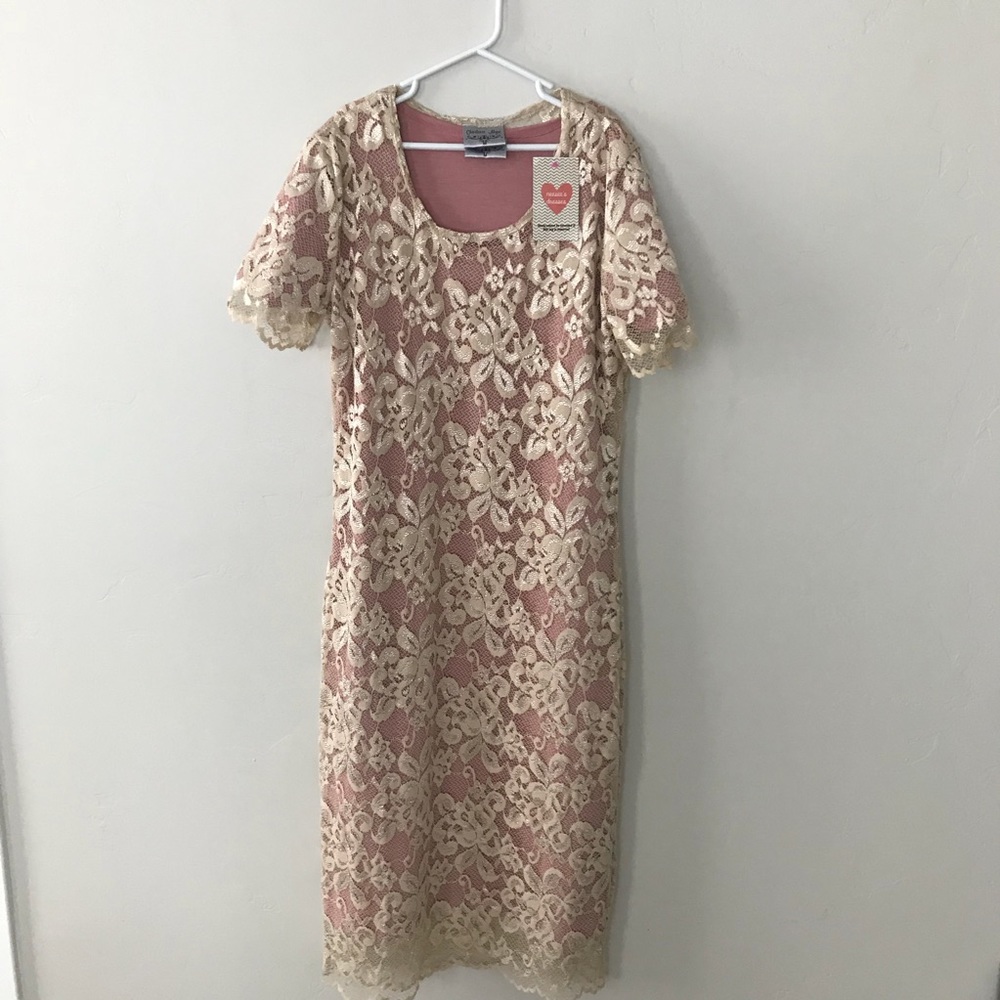 Cream Floral Lace Dress with Rose Pink Slip
